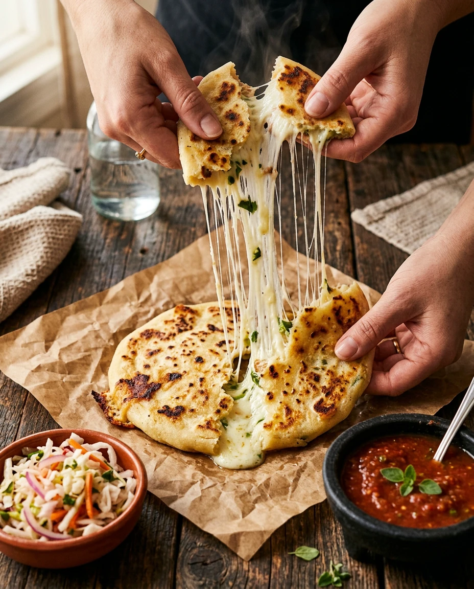 A Salvadorean pupusa pulled open with melted Oaxaca cheese stretching, with curtido and salsa roja on the side
